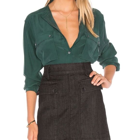 Frame Le Silk Troop Long Sleeve Button Up Shirt in Spruce Green Size Small - Picture 2 of 13